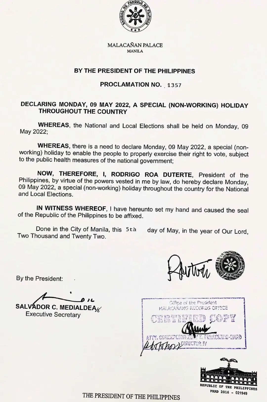 【菲律宾】宣布 5月9日一 为全国法定假期一投票日
